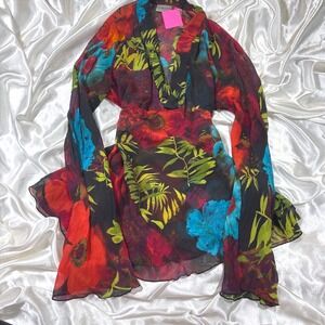 Vintage Chico's Silk Blouse Floral Multicolor Excellent Bell Sleeve V-Neck Top